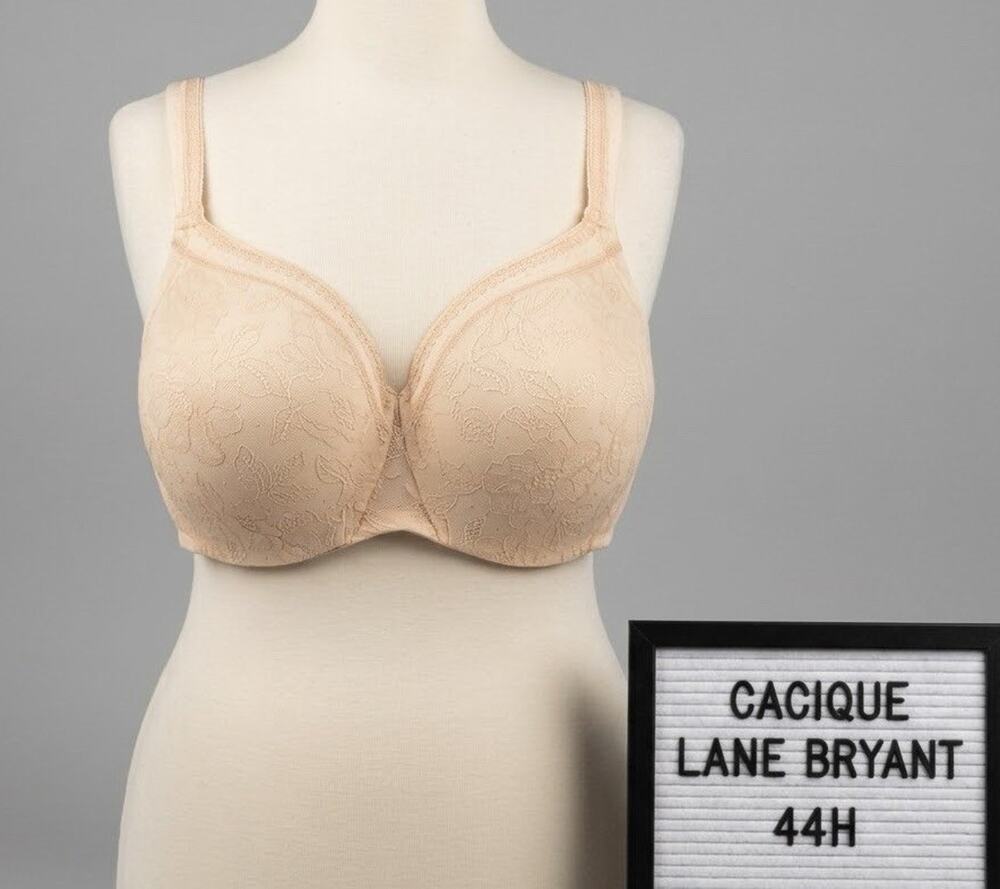 Cacique Lane Bryant 44H Modern Lace Covered Lightly Lined Balconette Bra Beige